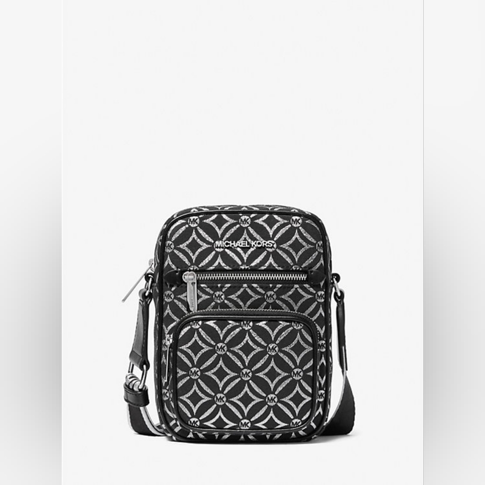Michael Kors-NWT- Jet Set Medium Metallic Logo Jacquard Crossbody- Black/Silver